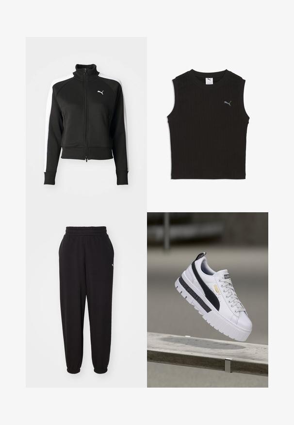 Sort zip-jakke med høj krave, der har hvide sideskåringsdetaljer og et lille hvidt logo på brystet. Ribkanter på ærmerne og nederste kant.; Sort ærmeløs ribbet croptop med rund hals og lille gråt Puma-logo på venstre bryst.; Sorte sweatpants lavet af blødt stof, med en ribbet talje og mansjetter ved anklerne. Indeholder en lille logoaccent på siden.; Hvid Puma platform-sneaker med sort stribe og gyldent logo, svævende over en betonbænk i udendørs omgivelser.