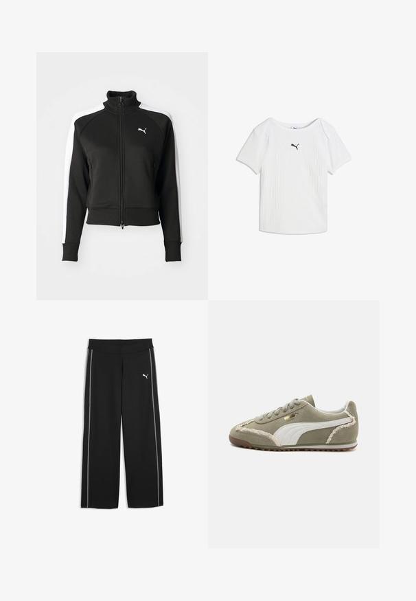 Sort zip-jakke med høj krave, der har hvide sideskåringsdetaljer og et lille hvidt logo på brystet. Ribkanter på ærmerne og nederste kant.; Hvid ribstrikket T-shirt med korte ærmer, rund halsudskæring og et lille sort Puma-logo i midten af brystet.; Sorte trackpants med vide ben, grå sidelommer og hvid Puma-logo på øverste venstre lår, med flad talje og afslappet pasform.; Grønne ruskind sneakers med hvide læderdetaljer, struktureret syning, snørelukning og gummisål. Har unikke designfunktioner langs siderne.