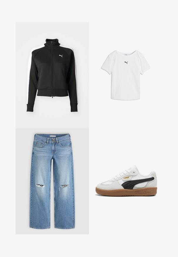 Chaqueta negra con cierre de cremallera y cuello alto, que cuenta con acentos en paneles laterales blancos y un pequeño logo blanco en el pecho. Puños y dobladillo acanalados.; Camiseta blanca acanalada de manga corta con escote redondo y un pequeño logo negro de Puma en el centro del pecho.; Vaqueros de mezclilla azul claro con piernas rectas, dos detalles rasgados en las rodillas, bolsillos delanteros y cierre con doble botón.; Zapatillas de cuero blanco con una franja de ante negro, suela de goma y branding dorado en el costado. Diseño con cordones y puntera redondeada.