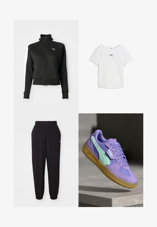 Chaqueta negra con cierre de cremallera y cuello alto, que cuenta con acentos en paneles laterales blancos y un pequeño logo blanco en el pecho. Puños y dobladillo acanalados.; Camiseta blanca acanalada de manga corta con escote redondo y un pequeño logo negro de Puma en el centro del pecho.; Pantalones de chándal negros hechos de tela suave, con cinturilla acanalada y tobillos ajustados. Incluye un pequeño logotipo en el costado.; Zapatillas de ante púrpura y malla con acentos en menta, diseño de cordones y suela de goma texturizada. Presenta la marca PUMA en el lateral.