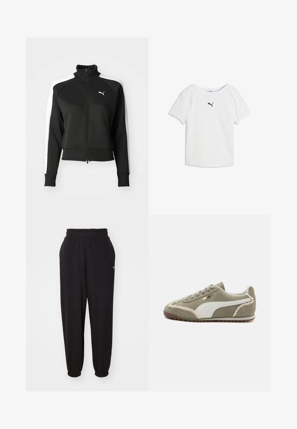 Sort zip-jakke med høj krave, der har hvide sideskåringsdetaljer og et lille hvidt logo på brystet. Ribkanter på ærmerne og nederste kant.; Hvid ribstrikket T-shirt med korte ærmer, rund halsudskæring og et lille sort Puma-logo i midten af brystet.; Sorte sweatpants lavet af blødt stof, med en ribbet talje og mansjetter ved anklerne. Indeholder en lille logoaccent på siden.; Grønne ruskind sneakers med hvide læderdetaljer, struktureret syning, snørelukning og gummisål. Har unikke designfunktioner langs siderne.
