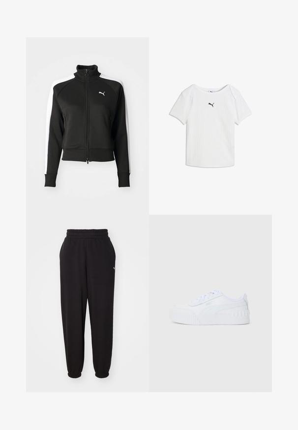 Sort zip-jakke med høj krave, der har hvide sideskåringsdetaljer og et lille hvidt logo på brystet. Ribkanter på ærmerne og nederste kant.; Hvid ribstrikket T-shirt med korte ærmer, rund halsudskæring og et lille sort Puma-logo i midten af brystet.; Sorte sweatpants lavet af blødt stof, med en ribbet talje og mansjetter ved anklerne. Indeholder en lille logoaccent på siden.; Hvide lave Puma sneakers med snørebånd, tekstureret gummisål og brandlogo på siden og hælflappen.