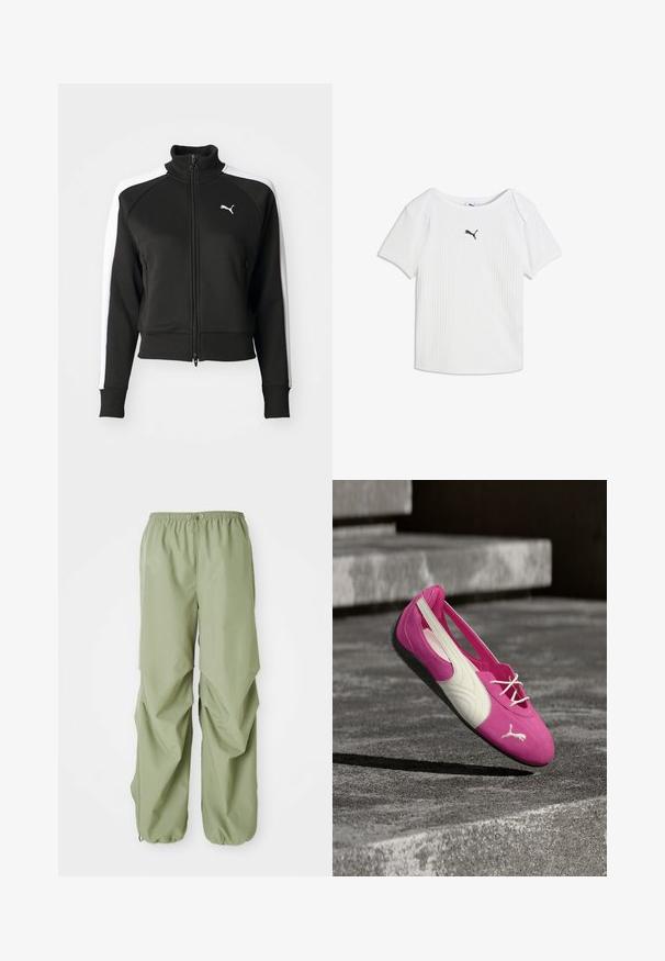 Sort zip-jakke med høj krave, der har hvide sideskåringsdetaljer og et lille hvidt logo på brystet. Ribkanter på ærmerne og nederste kant.; Hvid ribstrikket T-shirt med korte ærmer, rund halsudskæring og et lille sort Puma-logo i midten af brystet.; Lys grønne bukser med elastisk talje og løs pasform, der har sammensnørrede detaljer i siden og manchetter. Lavet af et glat stof.; Lyserød og hvid Puma flad sko med snørebånd, der hviler på et gråt betontrin udendørs.