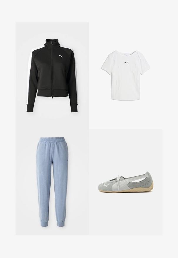 Chaqueta negra con cierre de cremallera y cuello alto, que cuenta con acentos en paneles laterales blancos y un pequeño logo blanco en el pecho. Puños y dobladillo acanalados.; Camiseta blanca acanalada de manga corta con escote redondo y un pequeño logo negro de Puma en el centro del pecho.; Pantalones de chándal azules hechos de una tela suave con una cintura y puños elásticos; presentan una sutil textura y un pequeño logo en un lado.; Zapato plano de ante Puma gris claro con logo blanco, cordones delanteros, laterales recortados y suela beige texturizada, mostrado desde el lado exterior.