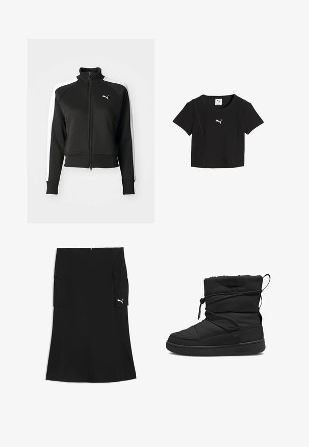 Sort zip-jakke med høj krave, der har hvide sideskåringsdetaljer og et lille hvidt logo på brystet. Ribkanter på ærmerne og nederste kant.; Sort kortærmet ribbet crop top med rund halsudskæring og hvid Puma-logo midt på brystet.; Sort nederdel til knæet med cargolommer på begge sider og et lille hvidt Puma-logo på højre lommeflap.; Sort isoleret støvle med en kviltet struktur, elastisk snøre lukning, polstret kant og en gummisål med et minimalistisk logo.
