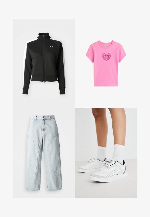 Schwarze Zip-Jacke mit hohem Kragen, ausgestattet mit weißen Seitenpaneelen und einem kleinen weißen Logo auf der Brust. Rippbündchen und Saum.; Rosa Baumwoll-T-Shirt mit kurzen Ärmeln und Rundhalsausschnitt. Es zeigt ein Herzdesign mit dem Wort "VANS" darin, das in Dunkelrosa umrandet ist.; Helle blaue Denim-Hosen mit weitem Bein, großen Seitentaschen, hohem Bund und lockerer Passform. Abgenutzte Textur mit verwaschenem Finish.; Weiße Sportschuhe mit einem glatten synthetischen Obermaterial, schwarzen Akzenten und einem Klettverschluss. Ausgestattet mit weißen gerippten Socken und einem schlichten Sohlen-Design.