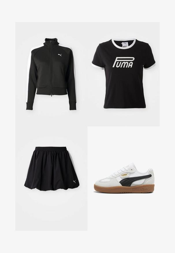 Zwarte zip-up jas met hoge kraag, voorzien van witte zijpanelen en een klein wit logo op de borst. Geribde manchetten en onderrand.; Zwarte katoenen t-shirt met witte rand bij de kraag en mouwen. Heeft een groot wit Puma-logo op de voorkant. Klassiek pasvorm ontwerp.; Zwarte sportrok met een elastische tailleband, voorzien van zijpanelen in het wit en een klein logo op de zoom. Gemaakt van lichtgewicht stof.; Witte leren sneakers met een zwarte suède streep, gumrubberen zool en gouden branding aan de zijkant. Vetersluiting met een afgeronde neus.