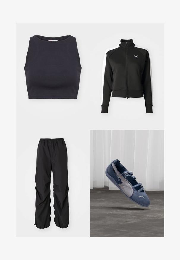 Zwarte zip-up jas met hoge kraag, voorzien van witte zijpanelen en een klein wit logo op de borst. Geribde manchetten en onderrand.; Zwarte geribbelde crop top met een ronde halslijn en zonder mouwen. Glad textuur, aansluitende pasvorm en minimalistische stijl.; Zwarte elastische taillebandbroek van waterafstotend materiaal. Heeft een losse pasvorm metGathered cuffs bij de enkels en geen zichtbare patronen.; Blauwe en grijze Puma platte schoen met drie elastische bandjes, een gestructureerd zijpaneel en een wit Puma-logo, zwevend boven een betonnen vloer.