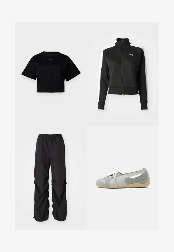 Veste zippée noire avec col haut, présentant des accents de panneaux latéraux blancs et un petit logo blanc sur la poitrine. Poignets et ourlet côtelés.; T-shirt noir court en coton. Il possède des manches courtes et un décolleté rond. Inclut un détail logo discret sur la poitrine.; Pantalons noirs avec taille élastique fabriqués en matériau résistant à l'eau. Présente une coupe ample avec des poignets resserrés aux chevilles et sans motifs visibles.; Chaussure plate en daim Puma gris clair avec logo blanc, lacets à l'avant, côtés découpés et semelle beige texturée, vue du côté extérieur.