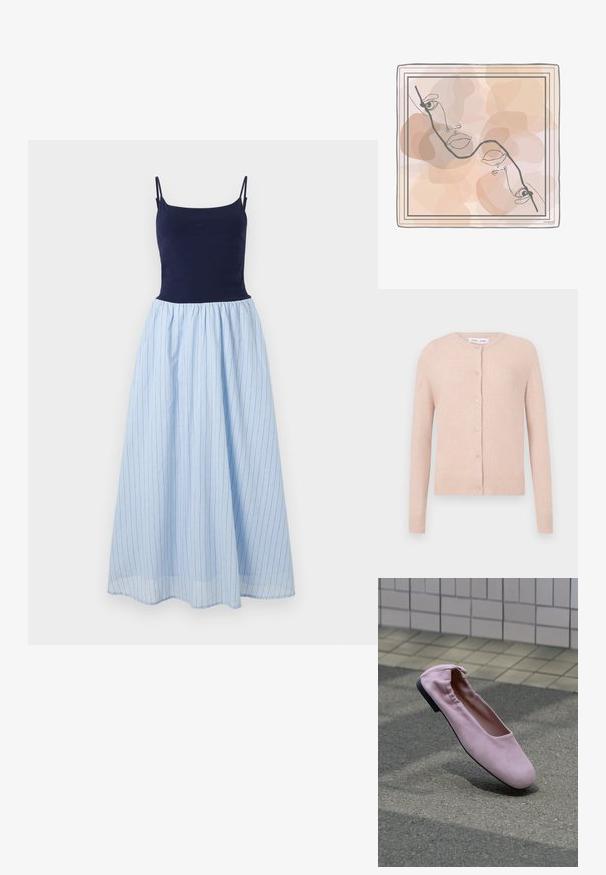 Helles rosa Cardigan aus weichem Material, mit rundem Halsausschnitt, fünf Knöpfen auf der Vorderseite sowie gerippten Bündchen und Saum.; Ärmelloses Kleid mit einem enganliegenden marineblauen Oberteil und einem fließenden hellblauen gestreiften Rock. Der Rock hat vertikale Streifen und einen gerafften Taillenbund.; Ein einzelner pinker Ballettflachschuh mit elastischem Fersenbereich und rundem Zehenbereich, der über grauem Asphalt in der Nähe einer gefliesten Wand schwebt.; Abstrakte Linienzeichnung von zwei ineinander verflochtenen Gesichtern auf beige- und hellbraunem Aquarellhintergrund mit dünnem Doppelrahmen.