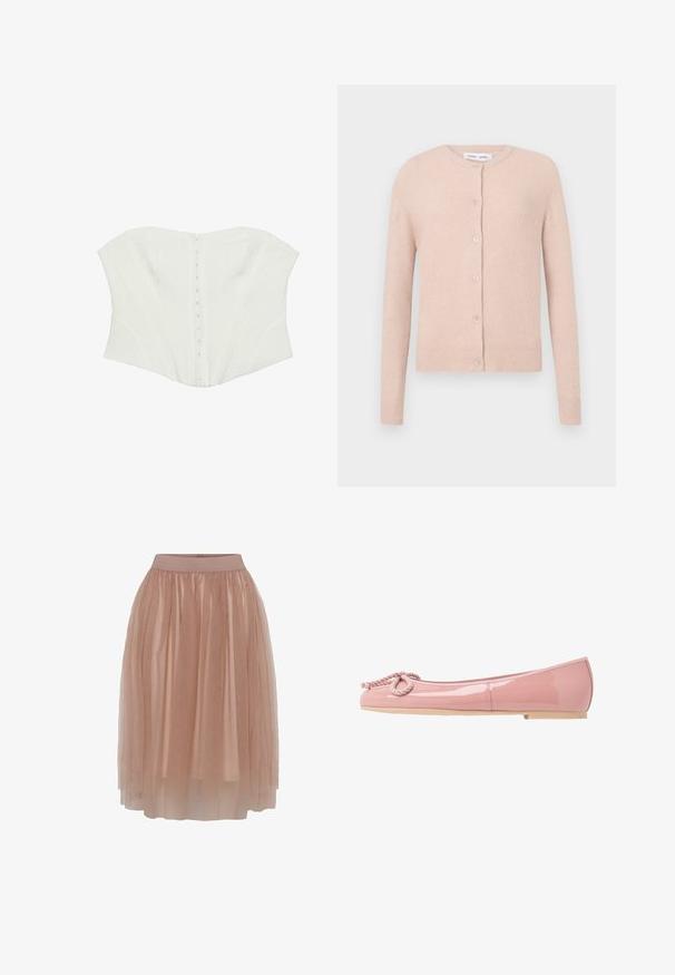Cardigan rose clair en matériau doux, avec un col rond, cinq boutons sur le devant et des poignets et un ourlet côtelés.; Corset blanc sans bretelles avec fermetures à agrafes devant et coutures structurées pour le modelage.; Jupe en tulle de couleur nude douce avec une taille élastique ajustée, comprenant des couches de tissu léger et transparent, au toucher lisse.; Ballerines en cuir verni rose avec un bout arrondi, détail en corde à l'avant et semelle en caoutchouc beige. Fini lisse et brillant sur l'ensemble.