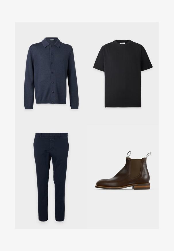 Dunkelblauer Strick-Cardigan mit langen Ärmeln, Kragen und sieben schwarzen Knöpfen vorne vor schlichten Hintergrund.; Schlichtes schwarzes T-Shirt mit kurzen Ärmeln und Rundhalsausschnitt, flach auf einem hellgrauen Hintergrund mit kleinem weißen Etikett im Kragen ausgelegt.; Navyblaue Baumwollchinos mit slim Fit, flachem Vorderteil und Reißverschluss. Verfügt über seitliche Taschen und eine Gesäßtasche mit einem kleinen Markentag.; Dunkelbrauner Leder-Chelsea-Stiefel mit elastischem Seitenteil, Zuglaschen vorne und hinten, niedrigem gestapeltem Absatz und abgerundeter Spitze.