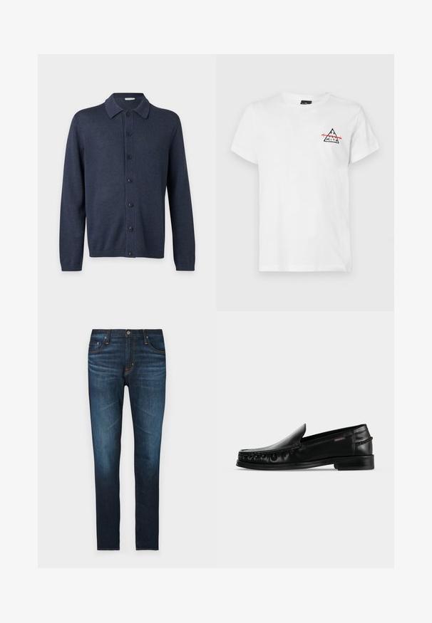 Mørkeblå langærmet strikket cardigan med krave og syv sorte knapper ned foran på en ensfarvet baggrund.; Hvid bomulds T-shirt med rund hals og korte ærmer. Forsiden har et sort trekantet logo med røde accenter.; Mørkeblå denim jeans med lige pasform, der har fem lommer, orange syninger og en glat overflade.; Sort lædersko slip-on loafers med lav hæl og syning på tåspidsdetaljen, vist på en ensartet lysegrå baggrund.