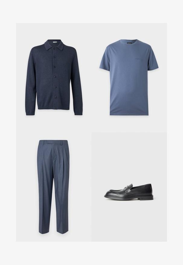 Cardigan tricot bleu foncé à manches longues avec col et sept boutons noirs sur le devant, sur un fond uni.; T-shirt bleu uni à manches courtes avec col rond et petit logo brodé discret sur la poitrine gauche.; Pantalon bleu plissé en tissu lisse et léger. Caractérisé par une coupe ajustée, des passants pour ceinture, et un design épuré et minimaliste.; Mocassins en cuir noir avec une finition texturée, dotés d'une bride décorative à l'avant et d'un bout arrondi. Semelle en caoutchouc pour plus de durabilité.