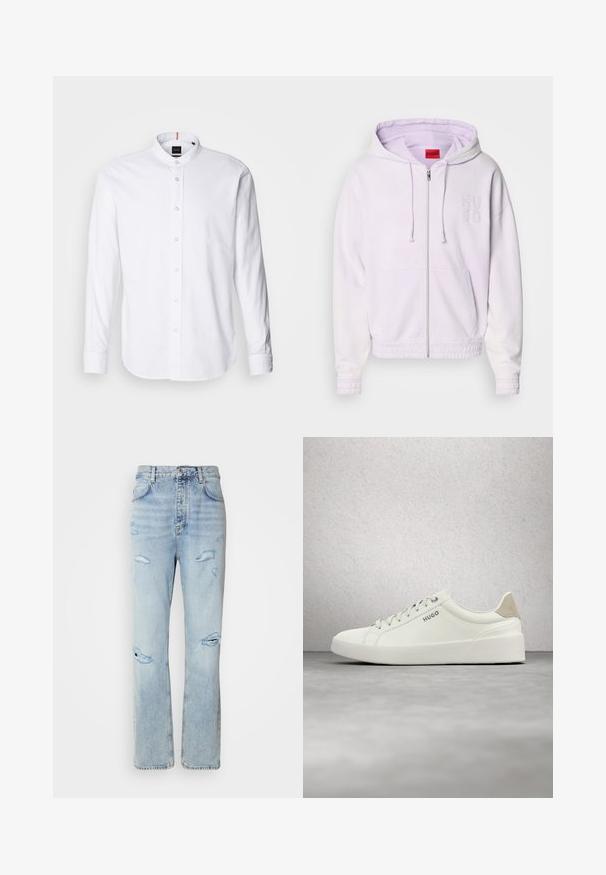 Lilla zip-up hoodie med elastiske manchetter og kant, prydet med det broderede logo "HUGO" på brystet og snørret hætte. Blødt, struktureret stof.; Hvid langærmet skjorte med bandkrave, knaplukning fortil og rund kant. Lavet af bomuld, med en glat struktur og subtil glans.; Lysvaskede denimjeans med en afslappet pasform, der har slidte områder og frynsede kanter. Stoffet har en blød, glat tekstur.; Hvid lav sneaker med snørebånd og beige hælflap med mærket "HUGO," svævende over en poleret betonflade nær en glasblokvæg.