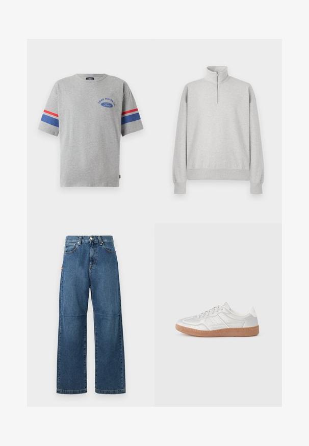 Lys grå zip-up sweatshirt med høj krave, ribbede manchetter og kant. Fremstillet af blødt, struktureret stof med en afslappet pasform.; Grå bomulds t-shirt med korte ærmer, prydet med blå og røde striber på ærmerne og "Ford Motor Co" logo i blå på brystet.; Blå denim jeans med afslappet pasform, lige ben, synlige sømme og lukkes med en knap foran. Har en sidelomme med accent.; Sølv sneakers med en glat overflade, snørebånd, perforerede detaljer og en struktureret brun gummi sål.