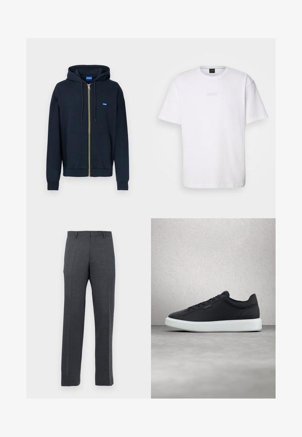 Sudadera con capucha azul marino con cremallera, bolsillos delanteros, capucha con cordón, puños acanalados y un pequeño parche con logo azul "HUGO" en el pecho.; Camiseta de algodón blanca de manga corta, con escote redondo y logotipo grabado de "BOSS" en el pecho. Textura suave, ajuste estándar.; Pantalones de vestir ajustados en gris oscuro para hombre, con trabillas y pliegues frontales, mostrados sobre un fondo blanco.; Zapatillas de cuero azul marino con suela de goma blanca, punta redonda, cordones planos y un sutil detalle de marca en el costado. Superficie texturizada.