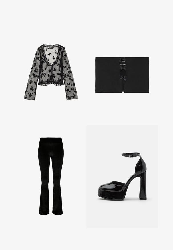 Blouse noire transparente avec un motif floral, encolure froncée, manches longues et fermeture à boutons. Détails en dentelle délicate le long des bords.; Haut en tissu stretch noir avec une découpe centrale ornée de deux petits nœuds noirs. Design simple avec une texture lisse et des bords finis.; Pantalon noir évasé en tissu doux velouté. Taille haute et texture lisse. Le design présente une coupe évasée à partir du genou.; Talons compensés en cuir verni noir avec une bride à la cheville, bout arrondi et talon épais, affichant une texture lisse et brillante.