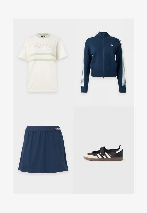 Marineblauwe jas met ritssluiting en hoge kraag, wit Adidas trefoil-logo op de borst en witte gestreepte details langs de mouwen.; Crème kleurige katoenen t-shirt met een ronde hals, korte mouwen en groene accentstrepen. Heeft een geborduurd logo op de voorkant.; Marineblauwe, zachte stof skort met een elastische tailleband. Heeft een geplooid ontwerp en een klein logo op de tailleband.; Zwart-beige sneaker met een klittenbandsluiting, drie witte strepen aan de zijkant en een getextureerde bruine rubberen zool. Merkembleem zichtbaar.