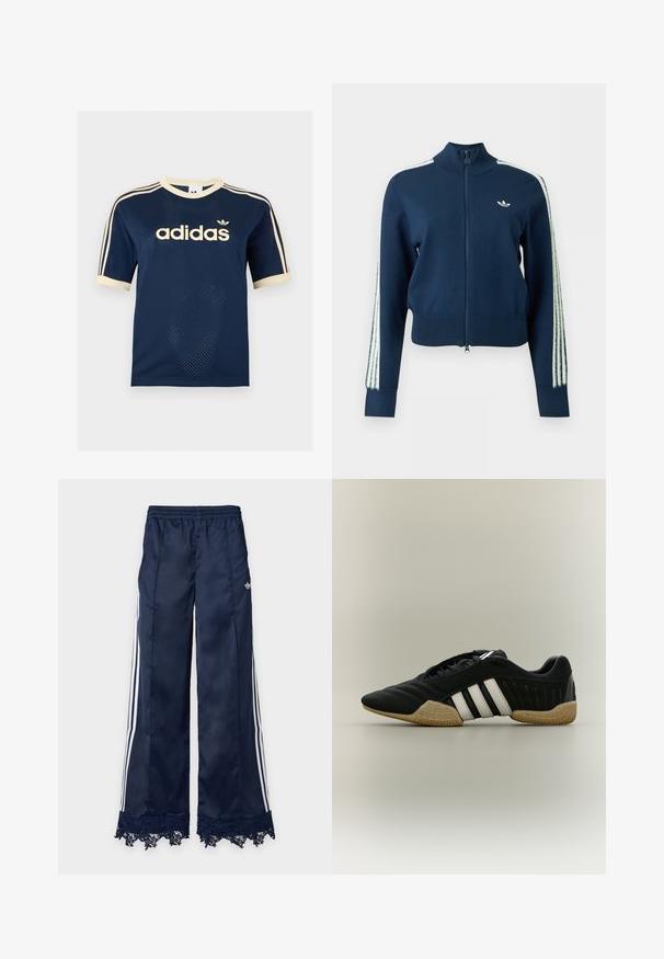 Marineblå jakke med glidelås og høy krage, hvitt Adidas trefoil-logo på brystet og hvite stripete detaljer langs ermene.; Marineblå Adidas nett kortermet skjorte med kremfarget kant, tre kremfargede striper på ermene og Adidas-logo på brystet.; Marineblå vid-benet treningsbukse med hvite sidestreker, elastisk midje, adidas-logo på hoften og blondekant ved kanten.; Sort atletisk sko med hvite striper og beige teksturert såle på en nøytral bakgrunn, vist i sideprofil.