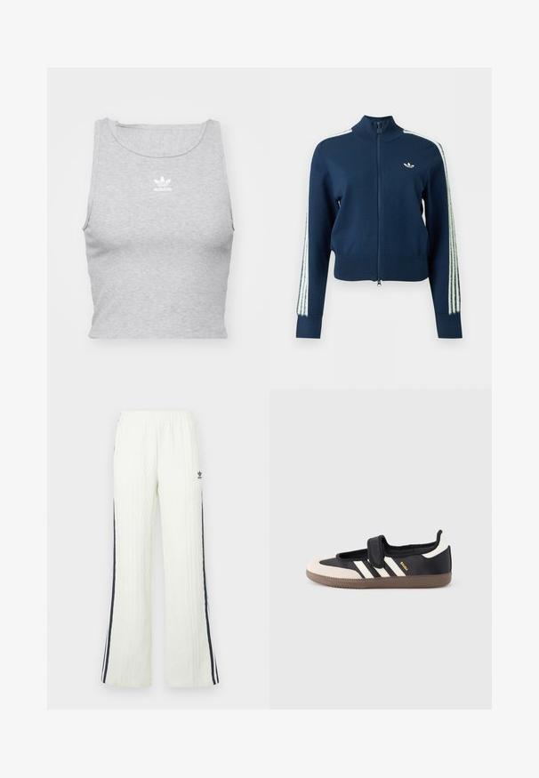 Tmavomodrá bunda na zips s vysokým golierom, bielym logom Adidas trefoil na hrudi a bielymi pruhmi na rukávoch.; Šedý, bezrukávový crop top vyrobený z jemnej látky, s okrúhlym výstrihom a malým bielym logom Adidas na hrudi.; Svetlokrémové nohavice s vrúbkovaným vzorom a rozšíreným strihom. Majú tmavomodré bočné pruhy a logo Adidas na bokoch. Elastický pás.; Čierna a béžová teniska s pásikom na suchý zips, tromi bielymi pruhmi na boku a štruktúrovanou hnedou gumovou podrážkou. Viditeľné logo značky.
