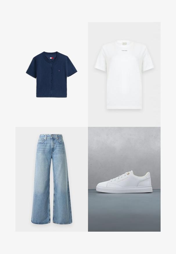 Lühikeste varrukatega tumesinine soonikkoes kardigan ümarate kaelusega, ees nööpidega ja väikese Tommy Jeans logoga rinnal.; Valge lühikeste varrukatega ümar kaelusega T-särk, millel on rinna keskel väike must "Calvin Klein" logo, ühevärviline taust.; Heledsinine teksariidest avara lõikega püksid kõrge vöökohaga, nelja taskuga, nööbikinnitusega ja kangas on kergelt pleekinud.; Valge madala otsaga tennisking, millel on paelad, kuldne silm ja bränding, hõljumas puidust põrandaplaadi kohal, taustal õues olev rohelus.