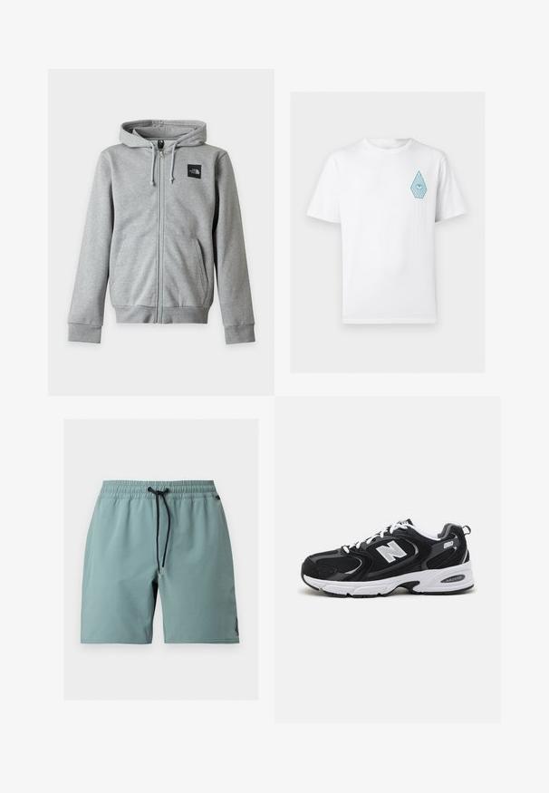 Sweat à capuche gris clair zippé, manches longues, poches avant, capuche avec cordon et petit logo noir North Face sur la poitrine gauche.; T-shirt blanc à manches courtes avec col rond, orné d'un petit dessin d'œil bleu à l'intérieur d'une forme de goutte sur le côté gauche de la poitrine.; Short de bain homme bleu clair avec taille élastique, cordon noir réglable et petit logo près de l'ourlet sur la jambe droite.; Baskets de sport noires et grises avec un tige en mesh et en suède, présentant une semelle intermédiaire blanche, des lacets et un logo "N" audacieux sur le côté.