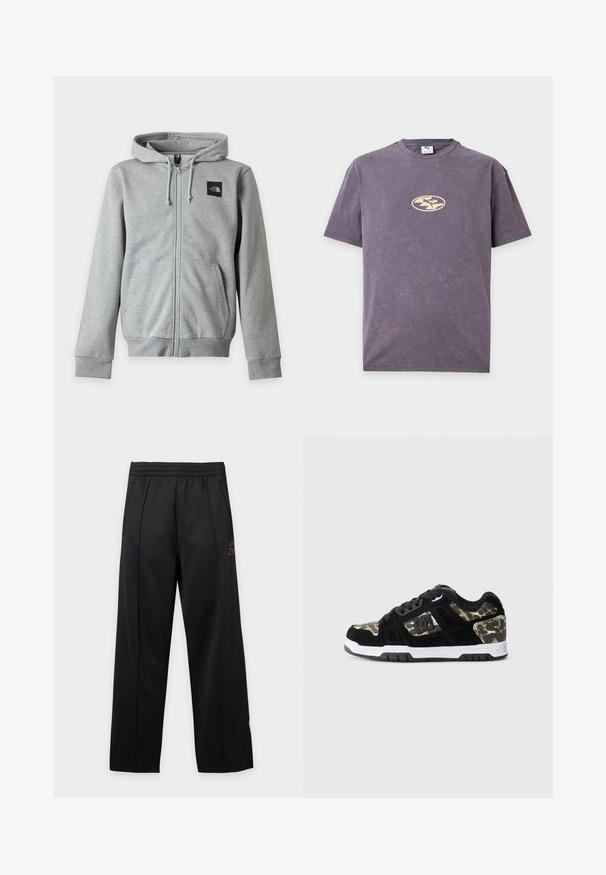 Svetlosivá mikina s kapucňou na zips, dlhými rukávmi, prednými vreckami, sťahovacou šnúrkou na kapucni a malým čiernym logom North Face na ľavej strane hrudníka.; Fialové tričko s krátkym rukávom s malým béžovým oválnym logom a siluetou pumy v strede na hrudi.; Čierne široké nohavice s elastickým pásom a bočnými vreckami, s jemnými vertikálnymi švami a minimálnym textovým detailom na pravom stehne.; Čierne semišové tenisky s camo vzorom na boku, biela medzipodrážka a čierna gumová podrážka. Obsahujú šnúrky a detail loga na boku.