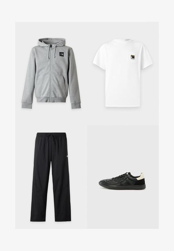 Sweat à capuche gris clair zippé, manches longues, poches avant, capuche avec cordon et petit logo noir North Face sur la poitrine gauche.; T-shirt en coton blanc à manches courtes avec une poche poitrine ornée d'un logo de montagne en noir et or. Design simple et épuré.; Pantalon noir ample avec taille élastique et cordon, tissu léger et détails subtils de couture sur les jambes.; ALDO THEPITCH - Baskets basses - black