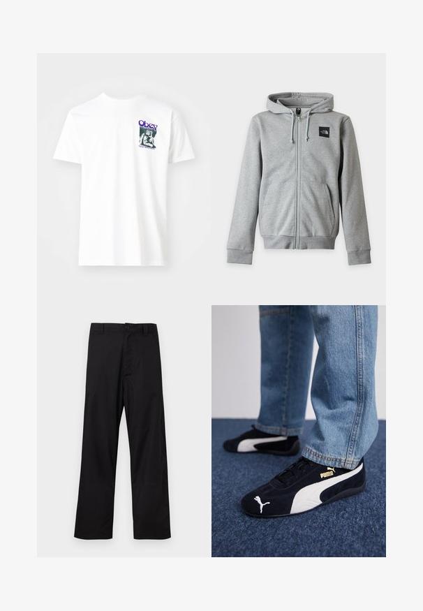 Lys grå hættetrøje med lynlås, lange ærmer, frontlommer, justerbar hætte og lille sort North Face-logo på venstre bryst.; Hvid bomulds t-shirt med et grafisk print i lilla, der viser en siddende figur med teksten "Obey" og "Stop Worry Now!" i sort.; Sorte bukser med lige ben, knap- og lynlåslukning, bæltestropper, lagt fladt på en lys baggrund.; Sorte ruskinds sneakers med hvide detaljer og et guldlogo. Båret med lyseblå denimjeans og sat på en struktureret blå overflade.