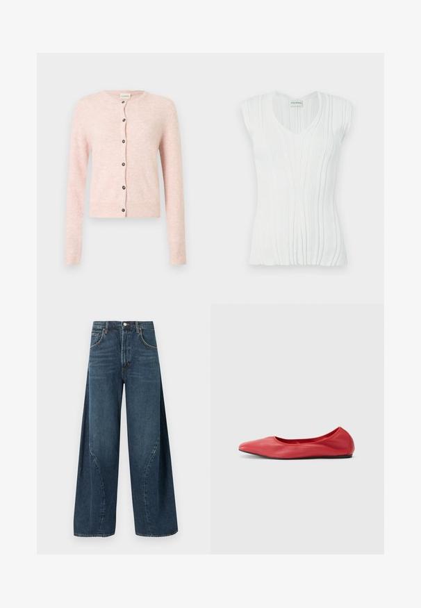 Cardigan rose clair avec encolure ronde, manches longues et boutons noirs sur le devant. Tissu doux et texturé avec poignets côtelés.; Haut blanc sans manches avec un col en V, présentant un design côtelé texturé et des plis subtils, confectionné dans un matériau doux et extensible.; Jean denim bleu foncé à jambes larges avec poches avant, passants pour ceinture et fermeture à bouton à la taille, présenté sur un fond uni.; Filippa K REY FLATS - Ballerines - bright red