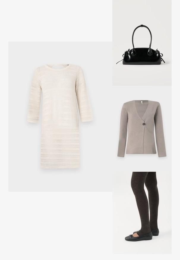 Heled hall kardigan pikka varrukatega, V-kaelusega ja ühe tumeda nööbiga ees, valmistatud tekstureeritud kudumismaterjalist.; Knee-length kreem dress, mille triiviga varrukate, mis sisaldab tekstuurset mustrit horisontaalsetest triipudest. Ümmargune kaelus, kerge kudumismaterjal.; Jalad seljas tumedad soonelises soonelises kombines mustade baleriinadega, millel on väikesed paelade detailid valgel taustal.; Väike must läikiv käekott kahe pika sangaga ja külgedel paelakinnitustega, ühel lihtsal helel taustal.