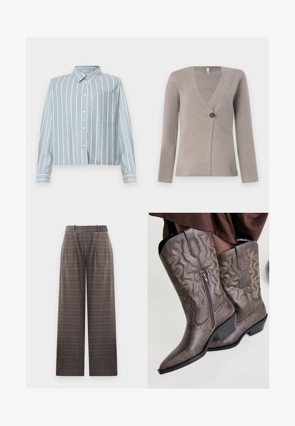 Lichtgrijze cardigan met lange mouwen, V-hals en een enkele donkere knop aan de voorkant, gemaakt van een gestructureerd breiwerk.; Lichtblauw, cropped shirt met witte verticale strepen, een knoopsluiting aan de voorkant, kraag en een borstzak aan de linkerkant. Gemaakt van een zachte, gestructureerde stof.; Geruite broek met een wijde pijpontwerp, met plooien, een hoge taille en een mix van bruin, zwart en lichtblauw.; Bruine leren cowboylaarzen met een spitse neus, zijrits en een textuur van een slang in beige, met decoratieve studs langs de randen.
