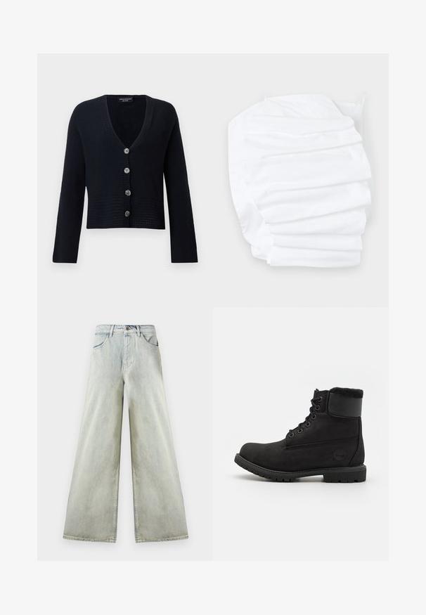Donkerblauwe cropped cardigan met een V-hals, vijf zilveren knopen en een gestructureerd gebreid patroon op het lijfje en de mouwen.; Wit hoeslaken met elastische randen, netjes opgevouwen op een lichte ondergrond.; High-rise, lichtgewassen wijde denim jeans met voorzakken, ceintuurlussen en een bruine knoopsluiting aan de tailleband.; Zwarte leren enkelaars met een ronde neus, vetersluiting aan de voorkant, neppelzen kraag en rubberen zool. Beschikt over een merklogo aan de zijkant.