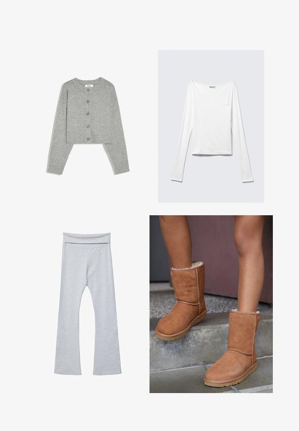 Cardigan court gris clair avec encolure ronde et cinq boutons sur le devant, manches longues et poignets côtelés, posé à plat sur fond blanc.; Haut blanc à manches longues avec un design croisé et une poche. Fabriqué dans un tissu lisse et extensible. Coupé dans une coupe décontractée et ample.; Leggings grises évasés avec une large ceinture douce, fabriquées dans un tissu lisse et extensible. Présentent une coupe ajustée et une longueur cheville.; Bottines en suede marron, à bout rond, avec une doublure douce et une semelle en caoutchouc, présentant des détails de couture visibles le long des coutures.