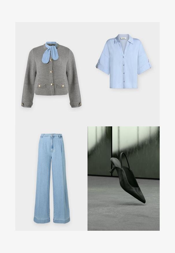 Graue langärmlige Jacke mit goldenen Knöpfen, zwei vorderen Taschen, Ärmelbündchen mit Knöpfen und einem blau-weiß gestreiften Schal, der am Hals gebunden ist.; Hellblaue Bluse mit Knopfleiste, weiten kurzen Ärmeln und Kragen, mit Knopfschlaufen an den Ärmeln zum Hochkrempeln.; Helle blaue Jeans im weit geschnittenen Schnitt mit hoher Taille, Falten an der Vorderseite und einem rohen Saum für einen lässigen Look.; Schwarzer Slingback-Highheel aus Leder mit spitzer Schuhspitze, schwebt über grauem Teppichboden, unscharfer grünlicher Wandhintergrund.