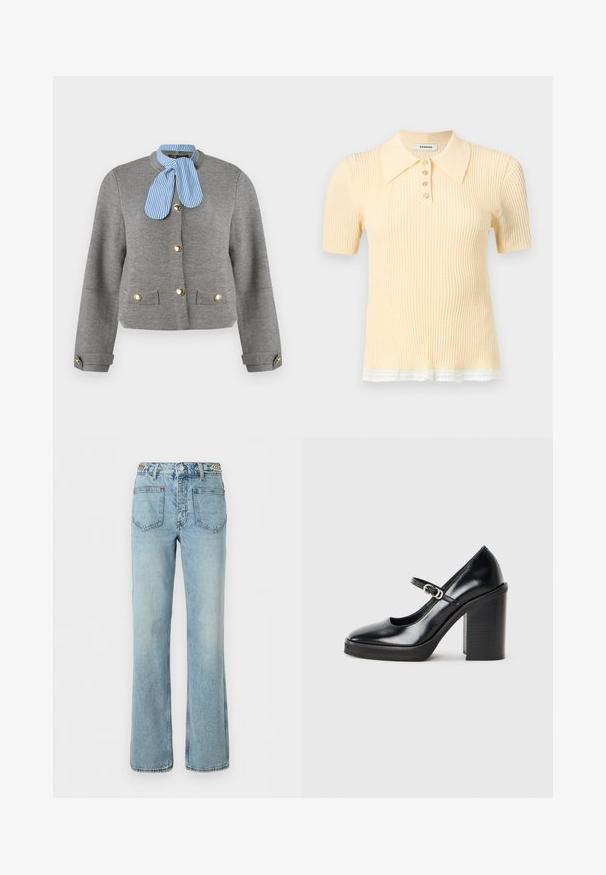 Veste grise à manches longues avec boutons dorés, deux poches avant, poignets à boutons, et une écharpe rayée bleu et blanc nouée autour du cou.; Polo en maille côtelée à manches courtes de couleur jaune pâle avec quatre boutons et bordure en dentelle blanche à l'ourlet.; Jean en denim bleu clair taille haute avec poches plaquées à l'avant, fermeture par bouton et fermeture éclair, et jambes droites évasées.; Chaussure à talon haut en cuir verni noir avec un bout rond, une sangle de cheville, un détail de boucle en argent et un talon bloc épais.