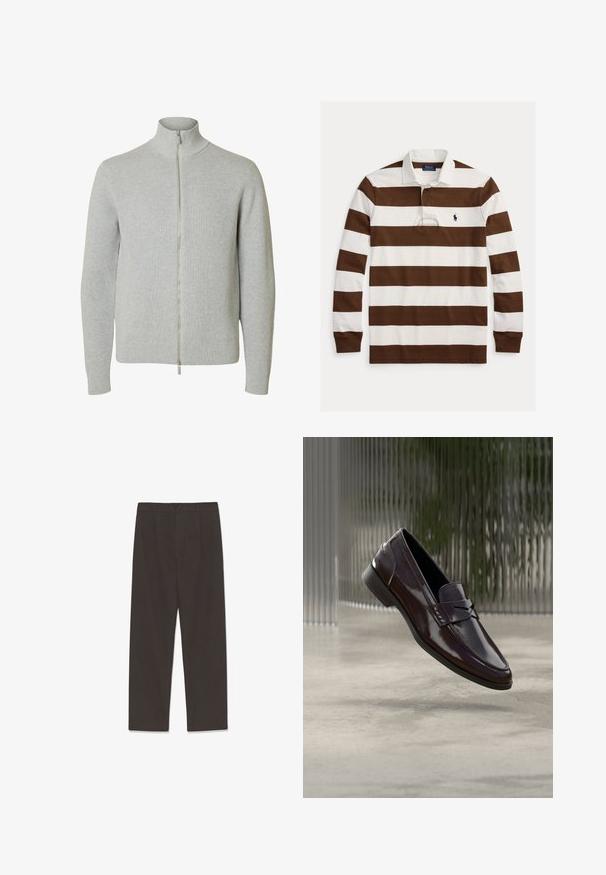 Pull en maille gris clair à fermeture éclair, manches longues et col montant, poignets et bas côtelés, présenté sur fond blanc.; Chemise de rugby à manches longues avec larges rayures horizontales marron et blanches, col blanc et petit logo Polo Ralph Lauren bleu marine sur la poitrine.; Pantalon marron foncé en tissu doux, doté d'une coupe à jambe droite, de plis sur le devant et d'une fermeture à un seul bouton à la taille.; Mocassins en cuir marron à finition brillante, avec une couture surélevée et un petit détail découpé à l'avant, ainsi qu'une semelle basse noire.
