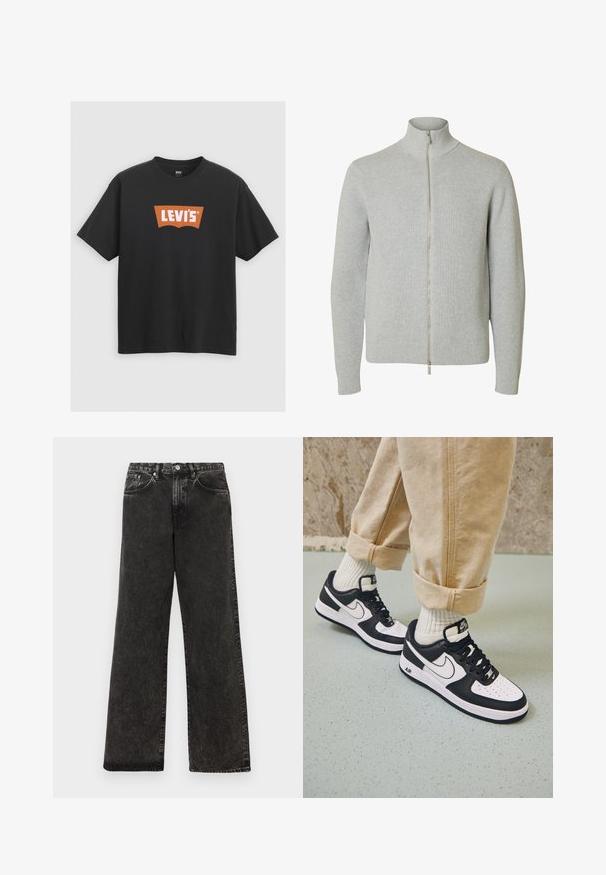 Lichtgrijze gebreide trui met rits, lange mouwen en hoge kraag, geribde boorden en zoom, getoond tegen een witte achtergrond.; Zwarte katoenen t-shirt met een groot oranje Levi's logo op de voorkant, korte mouwen en een ronde hals.; Zwarte denim wijde pijpen jeans met een vervaagde textuur, vijf zakken, frontsluiting met knoop en accenten van zilver hardware.; Zwart-witte Nike Air Force 1 sneakers met een leren bovenwerk, geperforeerde neus en gestructureerde zooldetails, gedragen met opgerolde beige broek en witte sokken.