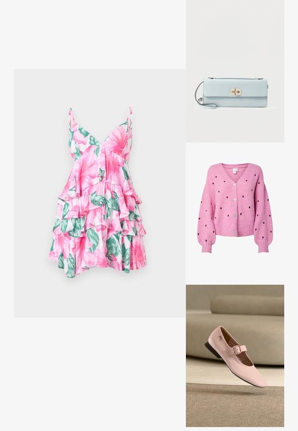 Lyserød cardigan med ribbet tekstur, der har en v-udskæring, tre knapper og hjerteformede accenter i en mørkere nuance over det hele.; Blomsterkjole med v-hals, lyserød og grøn overdimensioneret blomstermønster, lagdelte flæser og en let stofstruktur.; Lyserød laklæder Mary Jane flad sko med firkantet tå, justerbar rem og spænde, lav sort hæl og glat tekstur, svævende over et tæppe.; Lyseblå rektangulær læderclutch med en guldfarvet rektangulær drejelås og en tynd håndledsrem på hvid baggrund.