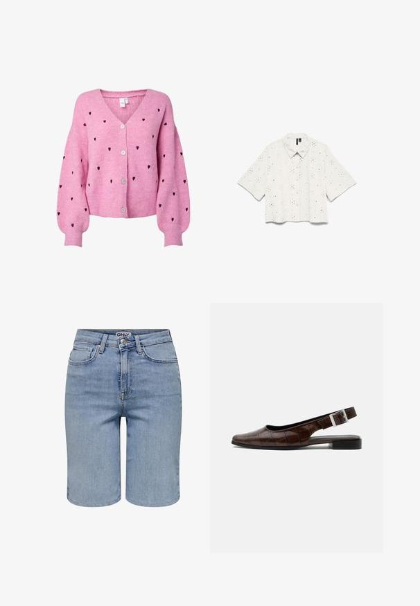 Lyserød cardigan med ribbet tekstur, der har en v-udskæring, tre knapper og hjerteformede accenter i en mørkere nuance over det hele.; Hvid kortærmet skjorte med knapper foran, krave og et subtilt blomster-øjelets mønster over hele stoffet.; Lyseblå denimshorts med forlommer, bæltestropper, en metalknap og en lynlåslukning.; Mørkebrun læderslingback flad sko med firkantet tå, krokodille tekstur og sølvspænde på remmen.