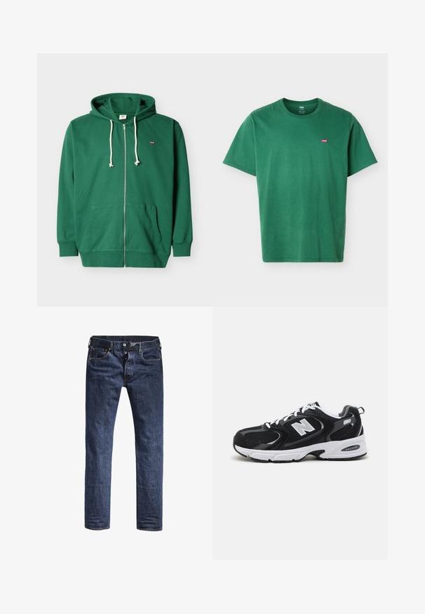 Grøn hættetrøje med lynlås, hvide snore, kængurulommer, ribbede manchetter og et lille rødt logo på venstre bryst.; Grøn T-shirt med korte ærmer og rund hals, med lille rødt Levi's-logo på venstre bryst, vist på en ensfarvet lys baggrund.; Mørkeblå denim jeans med slim fit, fem lommer og en standard taljehøjde. Har synlige syninger og metal hardware detaljer.; Sorte og grå sportssko med mesh og ruskind på overdelen, der har en hvid mellemsål, snørebånd og et iøjnefaldende "N" logo på siden.