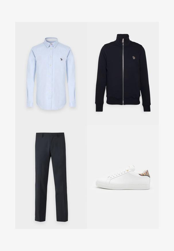 Marine blauwe zip-up sweatshirt met hoge kraag, geribbelde manchetten en tailleband. Bevat een geborduurd logo op de linkerkant van de borst. Gemaakt van zachte stof.; Lichtblauw overhem shirt met lange mouwen, een kraag en knopen aan de voorkant, en een klein geborduurd zebra detail op de borst.; Zwarte recht gesneden jurkbroek met riemlussen en een rits aan de voorkant, afgebeeld tegen een eenvoudige achtergrond.; Witte leren sneaker met een gladde afwerking, voorzien van een kleurrijke gestreepte accent op de hiel, gouden oogjes en een vlakke witte zool.