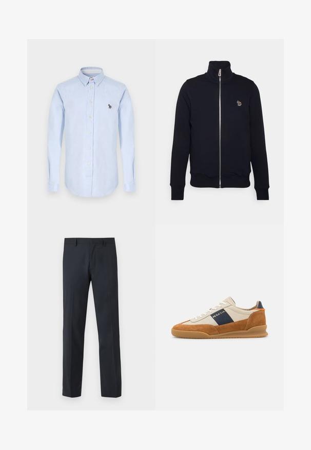 Marineblaue Zip-Up-Sweatshirt mit hohem Kragen, gerippten Bündchen und Saum. Verfügt über ein gesticktes Logo auf der linken Brust. Hergestellt aus weichem Stoff.; Hellblaues Hemd mit langen Ärmeln, Kragen, Vorderknöpfen und einem kleinen gestickten Zebra-Detail auf der Brust.; Schwarze gerade geschnittene Stoffhose mit Gürtelösen und einem Reißverschluss vorne, auf einfarbigem Hintergrund präsentiert.; PS Paul Smith DOVER - Sneaker low - cognac/off-white