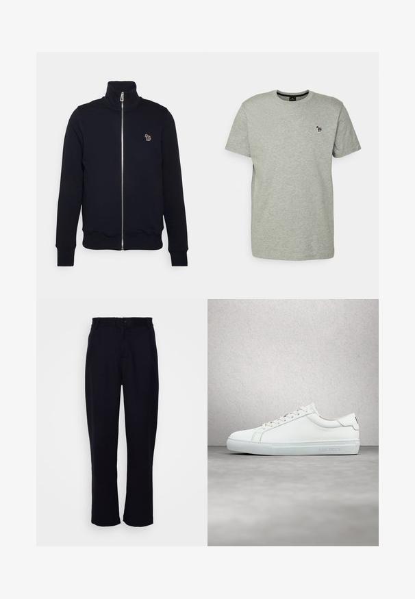 Mørkeblå zip-up sweatshirts med høj krave, ribstrikkede manchetter og talje. Har et broderet logo på venstre bryst. Lavet af blødt stof.; PS Paul Smith MENS SLIM FIT ZEBRA - T-shirts basic - grey; Sorte bukser med lige ben-design, der har en tætsiddende talje, en enkelt frontknap og to forlommer. Glat tekstur.; Hvide lædersneakers med en glat finish, rund tå, flade snørebånd og et minimalistisk design. Lys grå gummisål med branding på siden.
