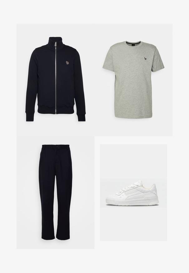 Mørkeblå zip-up sweatshirts med høj krave, ribstrikkede manchetter og talje. Har et broderet logo på venstre bryst. Lavet af blødt stof.; PS Paul Smith MENS SLIM FIT ZEBRA - T-shirts basic - grey; Sorte bukser med lige ben-design, der har en tætsiddende talje, en enkelt frontknap og to forlommer. Glat tekstur.; Hvid lavtop sneaker med perforerede detaljer og mesh sidepanel, med en tyk sål og snøredesign.