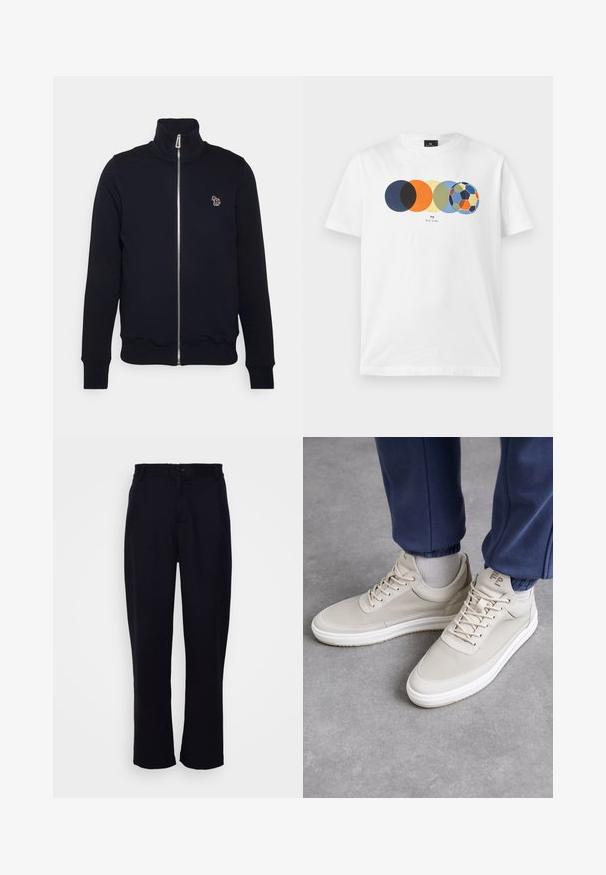 Sweat-shirt zippé bleu marine avec col montant, poignets et taille côtelés. Présente un logo brodé sur la poitrine gauche. Fabriqué en tissu doux.; T-shirt blanc à manches courtes avec un graphique de cinq cercles colorés qui se chevauchent, le dernier ressemblant à un ballon de football multicolore, et un petit texte en dessous.; Pantalon noir avec un design à jambe droite, présentant une taille ajustée, un unique bouton à l'avant et deux poches avant. Texture lisse.; Baskets beiges en matériau texturé, à bout rond, avec des lacets et un design minimaliste. Semelle blanche avec des détails beige clair. Porté avec un jogging bleu marine.