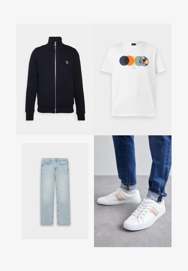 Marineblaue Zip-Up-Sweatshirt mit hohem Kragen, gerippten Bündchen und Saum. Verfügt über ein gesticktes Logo auf der linken Brust. Hergestellt aus weichem Stoff.; Weißes kurzärmeliges T-Shirt mit Grafik von fünf überlappenden farbigen Kreisen, der letzte ähnelt einem mehrfarbigen Fußball, und kleinem Text darunter.; Hellblaue Jeans aus Denim mit geradem Bein, fünf Taschen und einem verwaschenen Finish. Metallbeschläge und gestickte Details sind sichtbar.; Weiße Leder-Sneaker mit mehrfarbigen Streifen, Schnürdesign, Gummisohle und gepolstertem Kragen, kombiniert mit blauen Jeans.