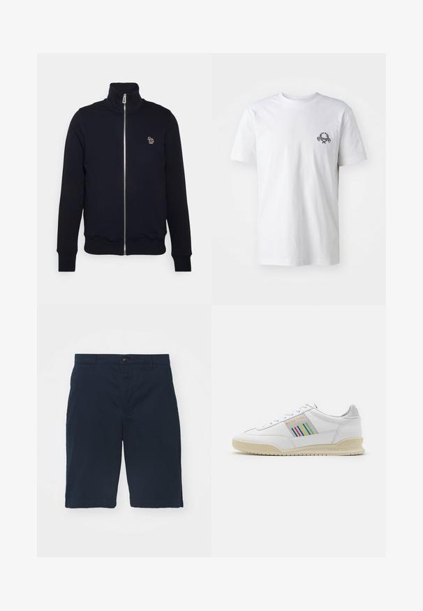 Sweat-shirt zippé bleu marine avec col montant, poignets et taille côtelés. Présente un logo brodé sur la poitrine gauche. Fabriqué en tissu doux.; T-shirt en coton blanc avec un petit motif brodé noir sur la poitrine ; manches courtes et style col rond classique.; Shorts bleu marine en coton avec une taille plate, une fermeture à bouton et des poches latérales. Longueur genou avec une texture lisse et des coutures nettes.; Basket en cuir blanc avec une semelle crème, des accents de rayures multicolores sur le côté et un logo "PS Paul Smith" en doré.