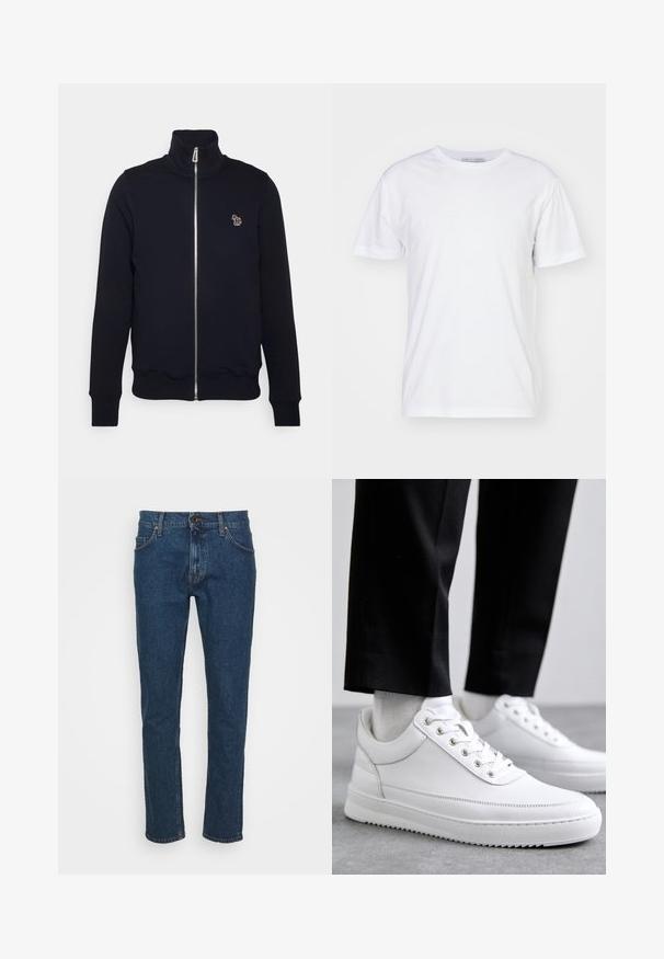 Marine blauwe zip-up sweatshirt met hoge kraag, geribbelde manchetten en tailleband. Bevat een geborduurd logo op de linkerkant van de borst. Gemaakt van zachte stof.; Witte katoenen T-shirt met een ronde hals, korte mouwen en een rechte snit. Geen patronen of versieringen, gladde textuur en eenvoudig ontwerp.; Tiger of Sweden PISTOLERO - Straight leg jeans - medium blue; Witte leren sneakers met een platte rubberen zool, met een soepele afwerking, ronde neus en metalen oogjes voor de veters. Draag ze met een zwarte broek.